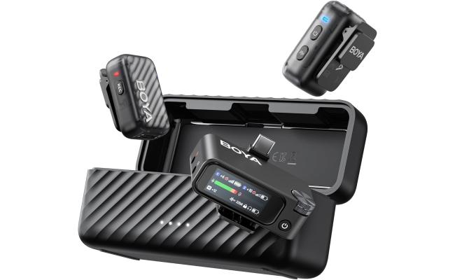 BOYA BOYAMIC 2 Wireless Microphones for iPhone 15-16/Android/PC/Camera, AI Noise Cancellation,32-bit Float Internal Recording,984ft Range, 54H Battery with Charging Case for Recording(without Clip Mic)